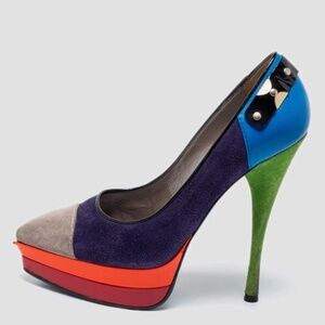Versace Multicolor Suede And Leather Pointed Toe Platform Pumps - 38 (US 8)